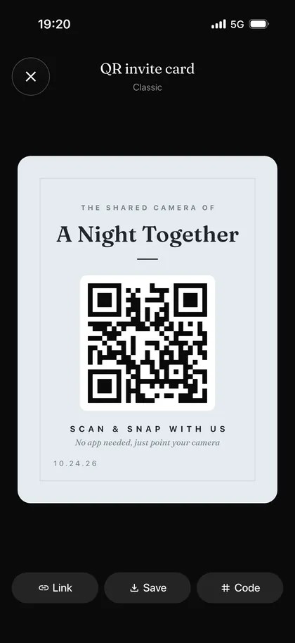 QR kodlu davet kartı ekranı